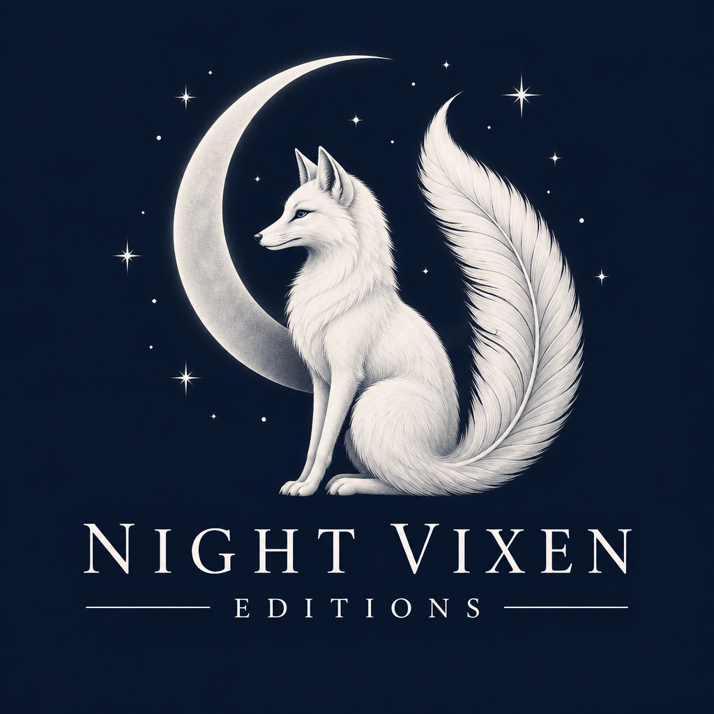 Night Vixen Editions — white fox with quill logo